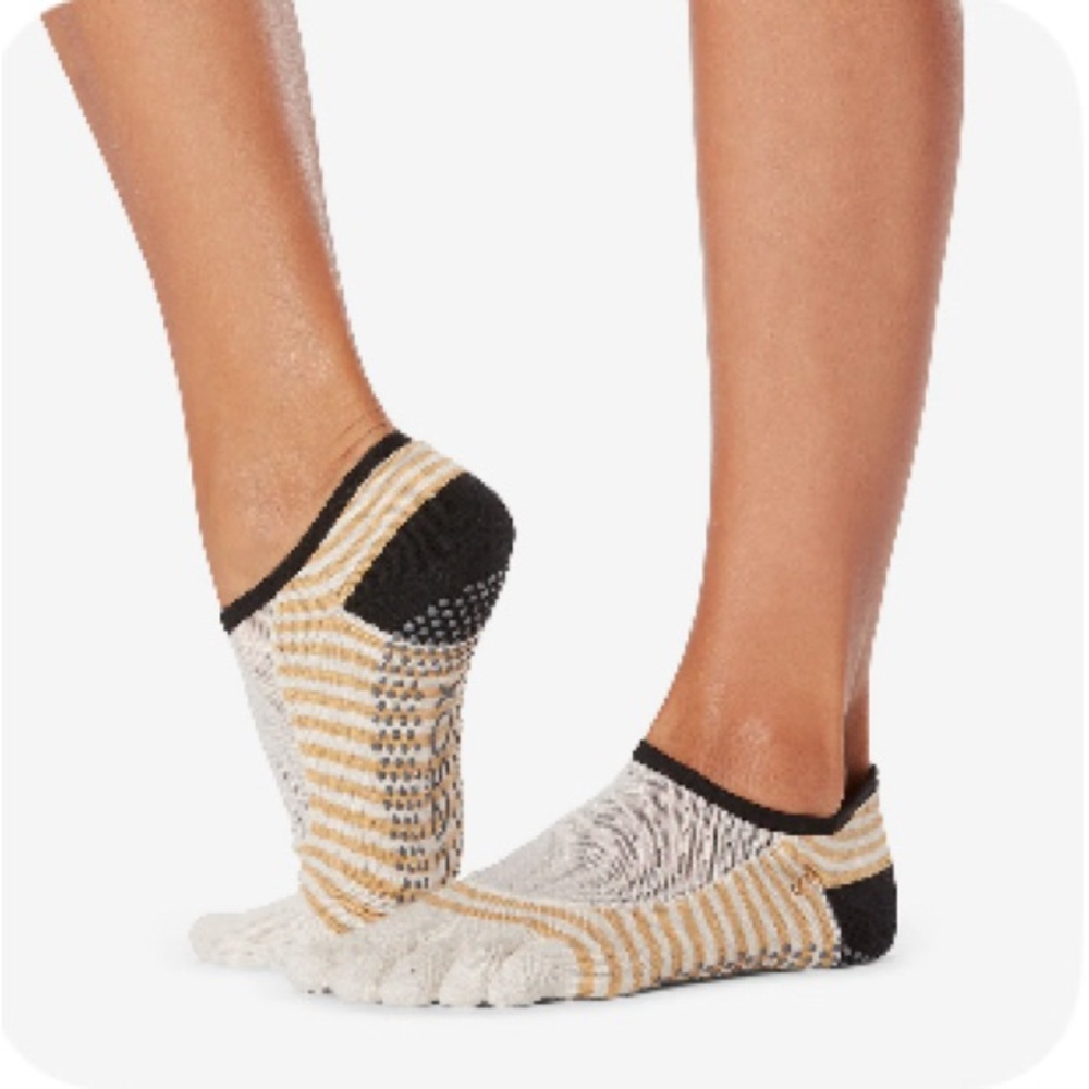 ToeSox Grip Socks Low Rise Five Toe Yoga Pilates Barre Gold Stripe Small